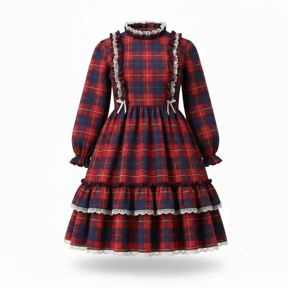 Winnie The Pooh Vintage Plaid Lace Ruffle Dress Kids 7 Red Victorian USA Tartan